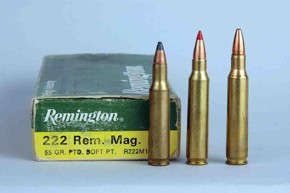 From left: The .222 Remington was introduced in 1950, the .223 Remington in 1964 and the .222 Remington Magnum in 1958.